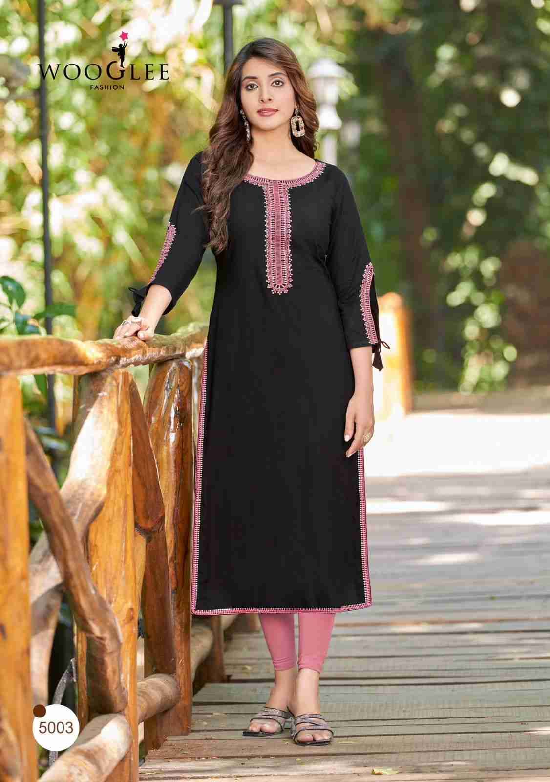 Shloka By Wooglee 5001 To 5006 Series Beautiful Stylish Fancy Colorful Casual Wear & Ethnic Wear & Ready To Wear Heavy Rayon Embroidered Kurtis At Wholesale Price