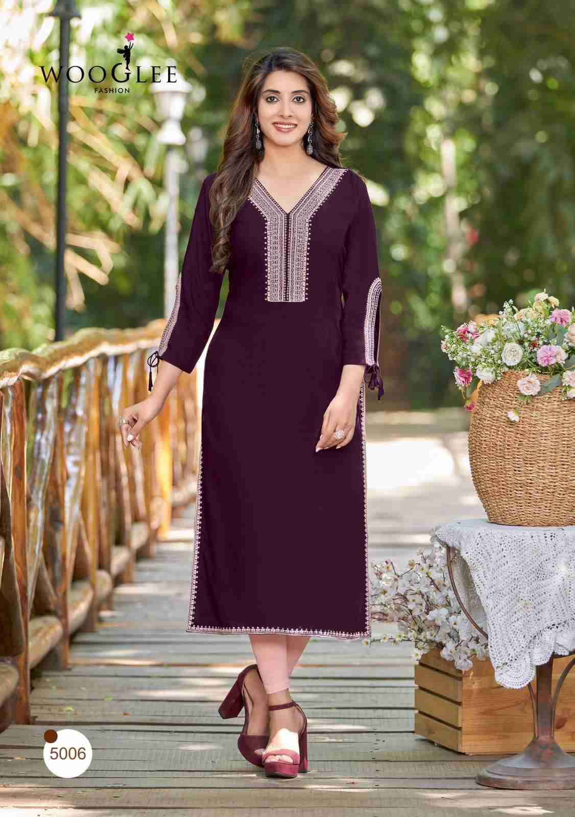 Shloka By Wooglee 5001 To 5006 Series Beautiful Stylish Fancy Colorful Casual Wear & Ethnic Wear & Ready To Wear Heavy Rayon Embroidered Kurtis At Wholesale Price