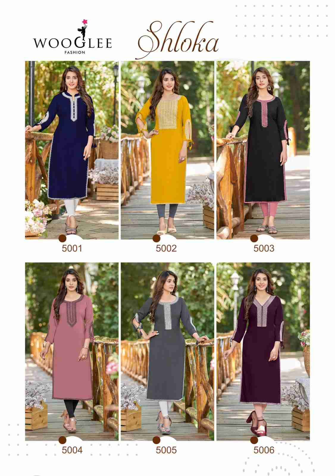 Shloka By Wooglee 5001 To 5006 Series Beautiful Stylish Fancy Colorful Casual Wear & Ethnic Wear & Ready To Wear Heavy Rayon Embroidered Kurtis At Wholesale Price