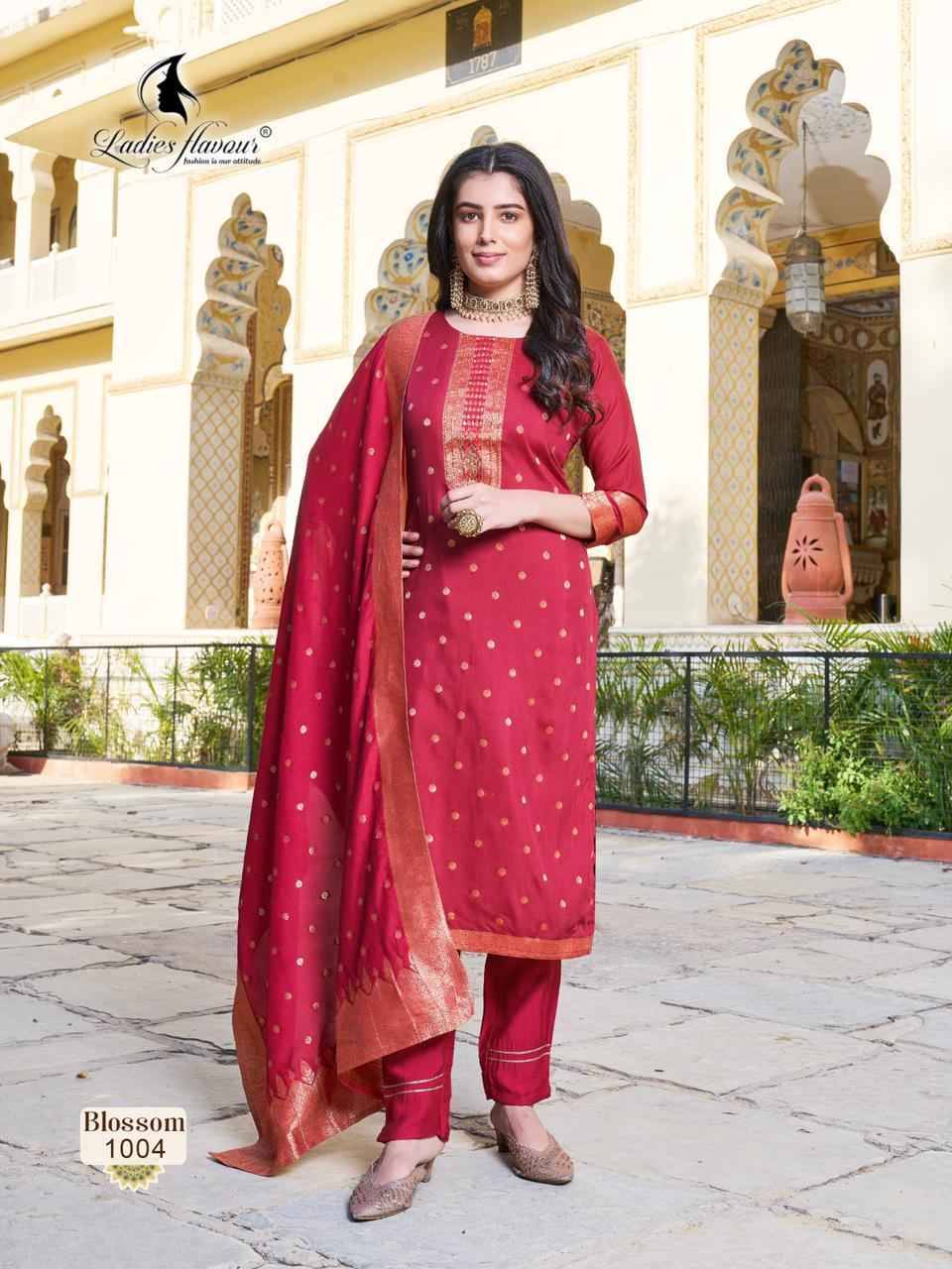 Blossom By Ladies Flavour 1001 To 1004 Series Beautiful Festive Suits Colorful Stylish Fancy Casual Wear & Ethnic Wear Chanderi Dola Jacquard Dresses At Wholesale Price