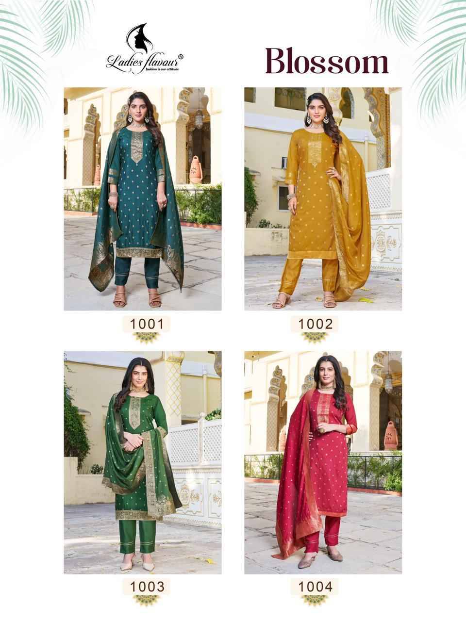 Blossom By Ladies Flavour 1001 To 1004 Series Beautiful Festive Suits Colorful Stylish Fancy Casual Wear & Ethnic Wear Chanderi Dola Jacquard Dresses At Wholesale Price