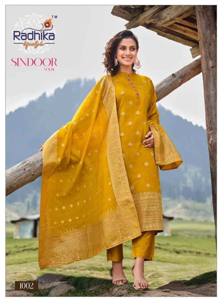 Sindoor Vol-1 By Radhika Lifestyle 1001 To 1006 Series Beautiful Festive Suits Colorful Stylish Fancy Casual Wear & Ethnic Wear Pure Dola Silk Jacqaurd Print Dresses At Wholesale Price