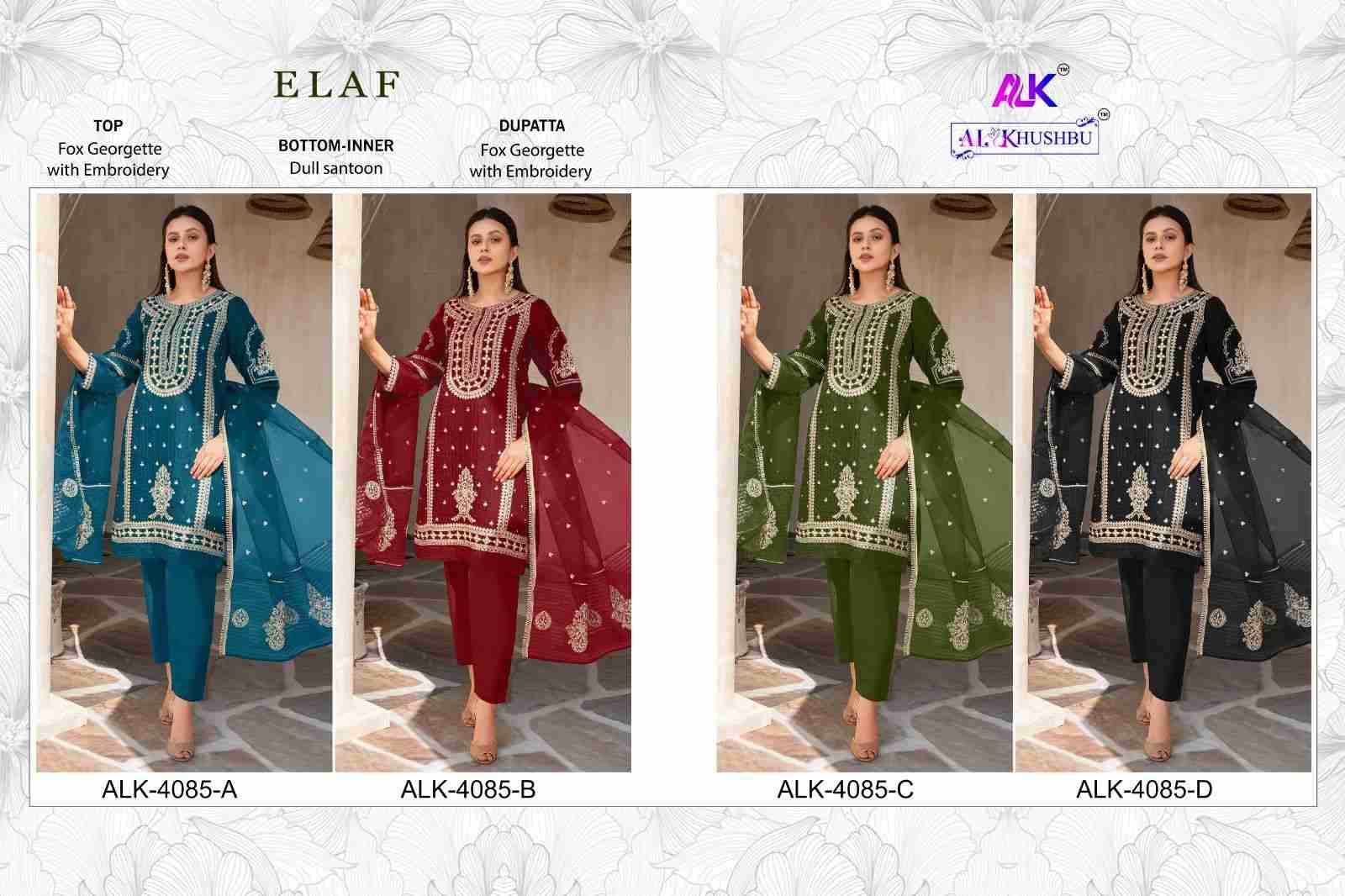 Elaf By Al Khushbu 4085-A To 4085-D Series Beautiful Pakistani Suits Stylish Fancy Colorful Party Wear & Occasional Wear Faux Georgette Embroidered Dresses At Wholesale Price