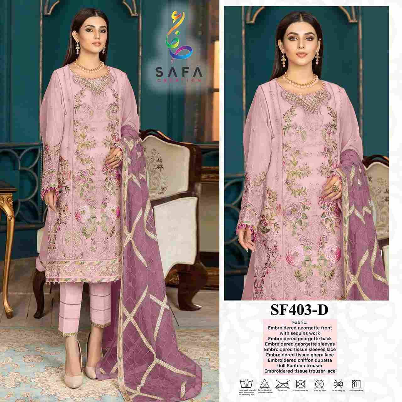 SF-403 Colours By Safa Creation 403-A To 403-D Series Beautiful Pakistani Suits Colorful Stylish Fancy Casual Wear & Ethnic Wear Faux Georgette Embroidered Dresses At Wholesale Price