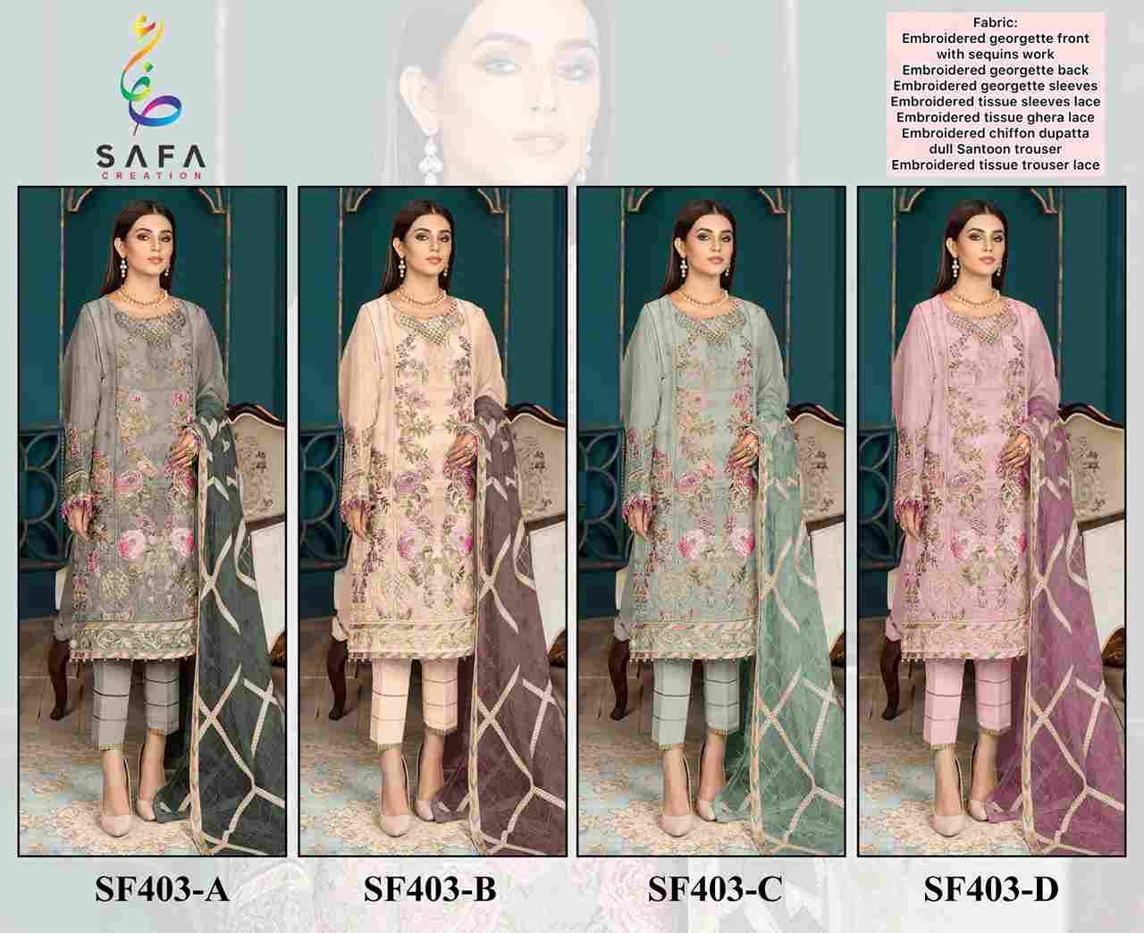 SF-403 Colours By Safa Creation 403-A To 403-D Series Beautiful Pakistani Suits Colorful Stylish Fancy Casual Wear & Ethnic Wear Faux Georgette Embroidered Dresses At Wholesale Price