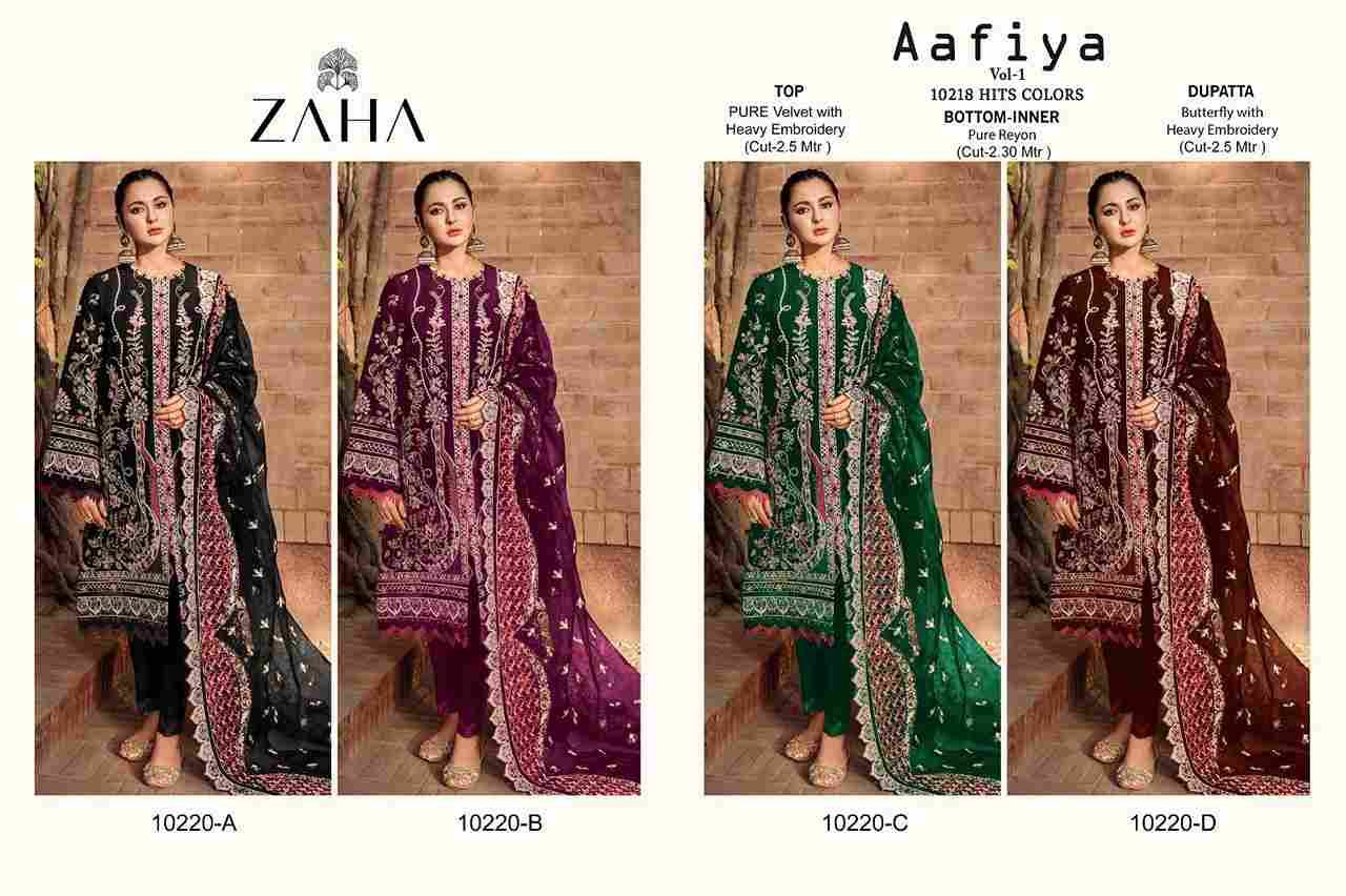 Aafiya Vol-1 By Zaha 10220-A To 10220-D Series Beautiful Pakistani Suits Colorful Stylish Fancy Casual Wear & Ethnic Wear Pure Velvet Embroidered Dresses At Wholesale Price