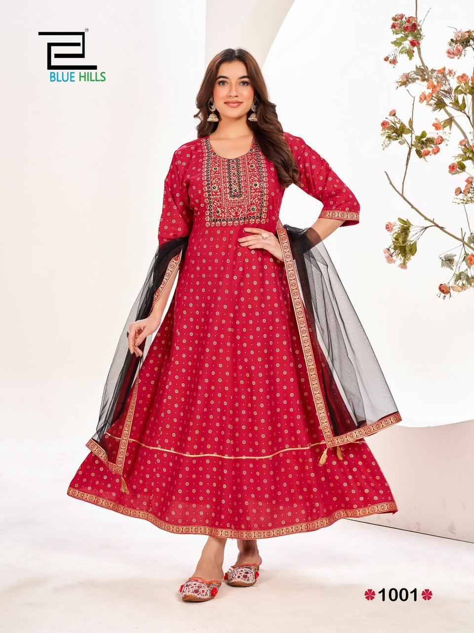 Manika Mage Mithe Vol-20 By Blue Hills 1001 To 1006 Series Beautiful Stylish Fancy Colorful Casual Wear & Ethnic Wear Rayon Print Gowns With Dupatta At Wholesale Price