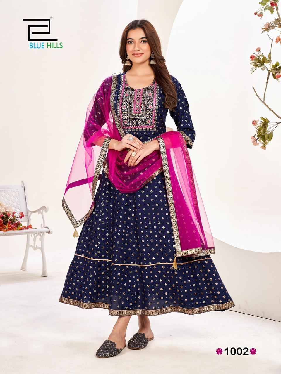 Manika Mage Mithe Vol-20 By Blue Hills 1001 To 1006 Series Beautiful Stylish Fancy Colorful Casual Wear & Ethnic Wear Rayon Print Gowns With Dupatta At Wholesale Price