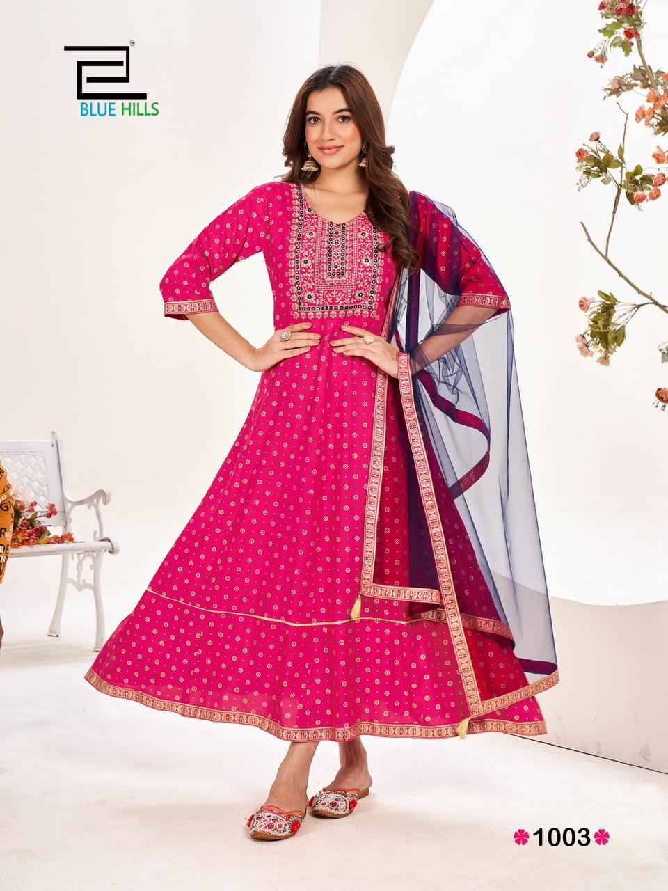 Manika Mage Mithe Vol-20 By Blue Hills 1001 To 1006 Series Beautiful Stylish Fancy Colorful Casual Wear & Ethnic Wear Rayon Print Gowns With Dupatta At Wholesale Price