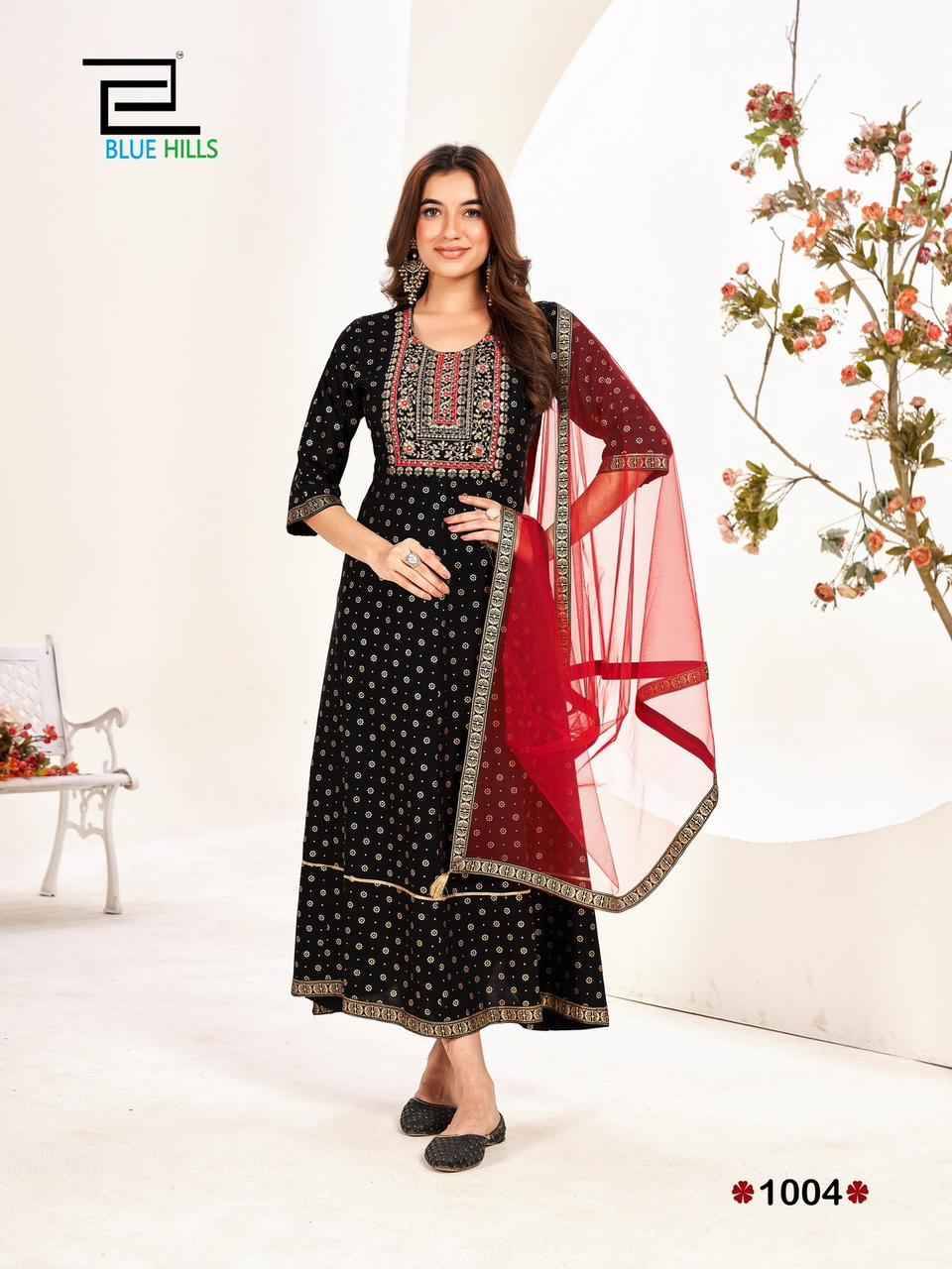 Manika Mage Mithe Vol-20 By Blue Hills 1001 To 1006 Series Beautiful Stylish Fancy Colorful Casual Wear & Ethnic Wear Rayon Print Gowns With Dupatta At Wholesale Price