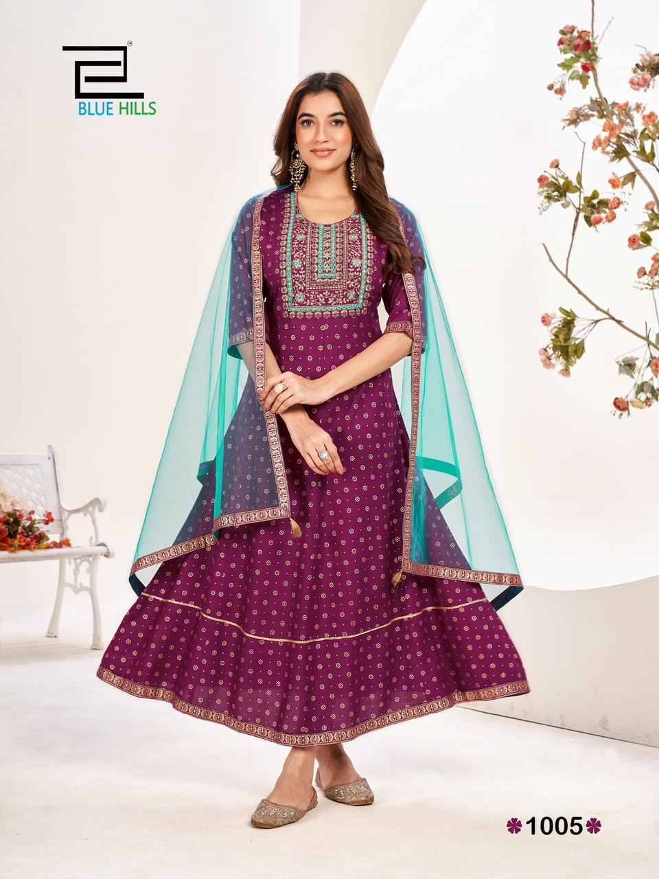 Manika Mage Mithe Vol-20 By Blue Hills 1001 To 1006 Series Beautiful Stylish Fancy Colorful Casual Wear & Ethnic Wear Rayon Print Gowns With Dupatta At Wholesale Price