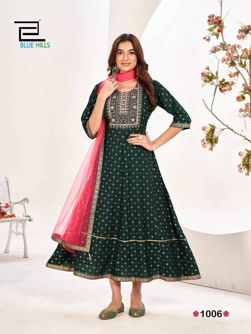 Manika Mage Mithe Vol-20 By Blue Hills 1001 To 1006 Series Beautiful Stylish Fancy Colorful Casual Wear & Ethnic Wear Rayon Print Gowns With Dupatta At Wholesale Price