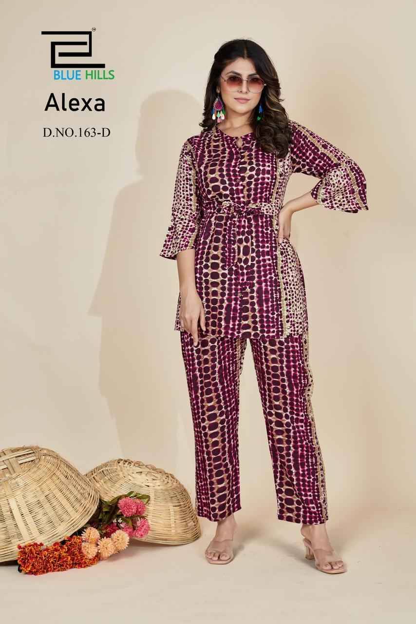 Alexa By Blue Hills 163-A To 163-D Series Designer Stylish Fancy Colorful Beautiful Party Wear & Ethnic Wear Collection Rayon Print Co-Ord At Wholesale Price