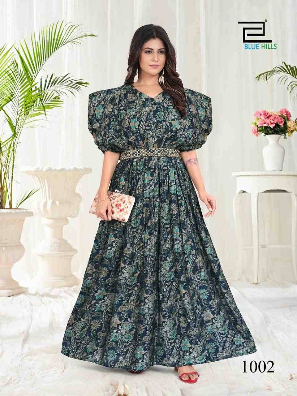 Milk By Blue Hills 1001 To 1005 Series Beautiful Stylish Fancy Colorful Casual Wear & Ethnic Wear Chanderi Print Gowns At Wholesale Price