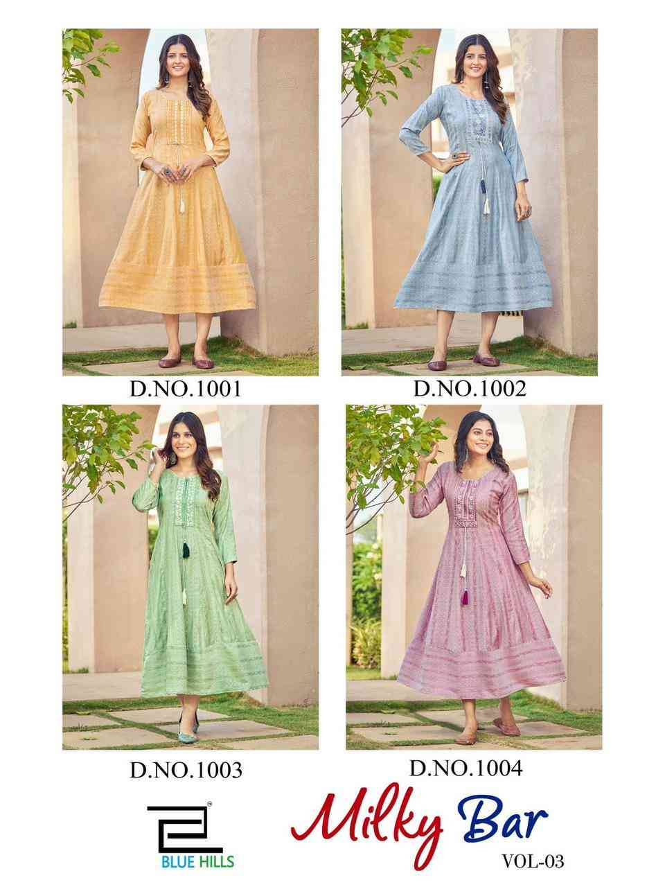 Milky Bar Vol-3 By Blue Hills 3001 To 3004 Series Beautiful Stylish Fancy Colorful Casual Wear & Ethnic Wear Rayon Jacqaurd Gowns At Wholesale Price