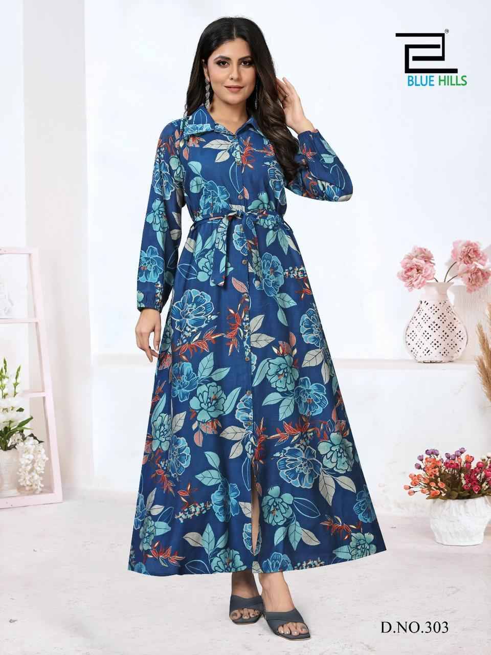 Rochelle Vol-3 By Blue Hills 301 To 303 Series Beautiful Stylish Fancy Colorful Casual Wear & Ethnic Wear Modal Chanderi Print Gowns At Wholesale Price
