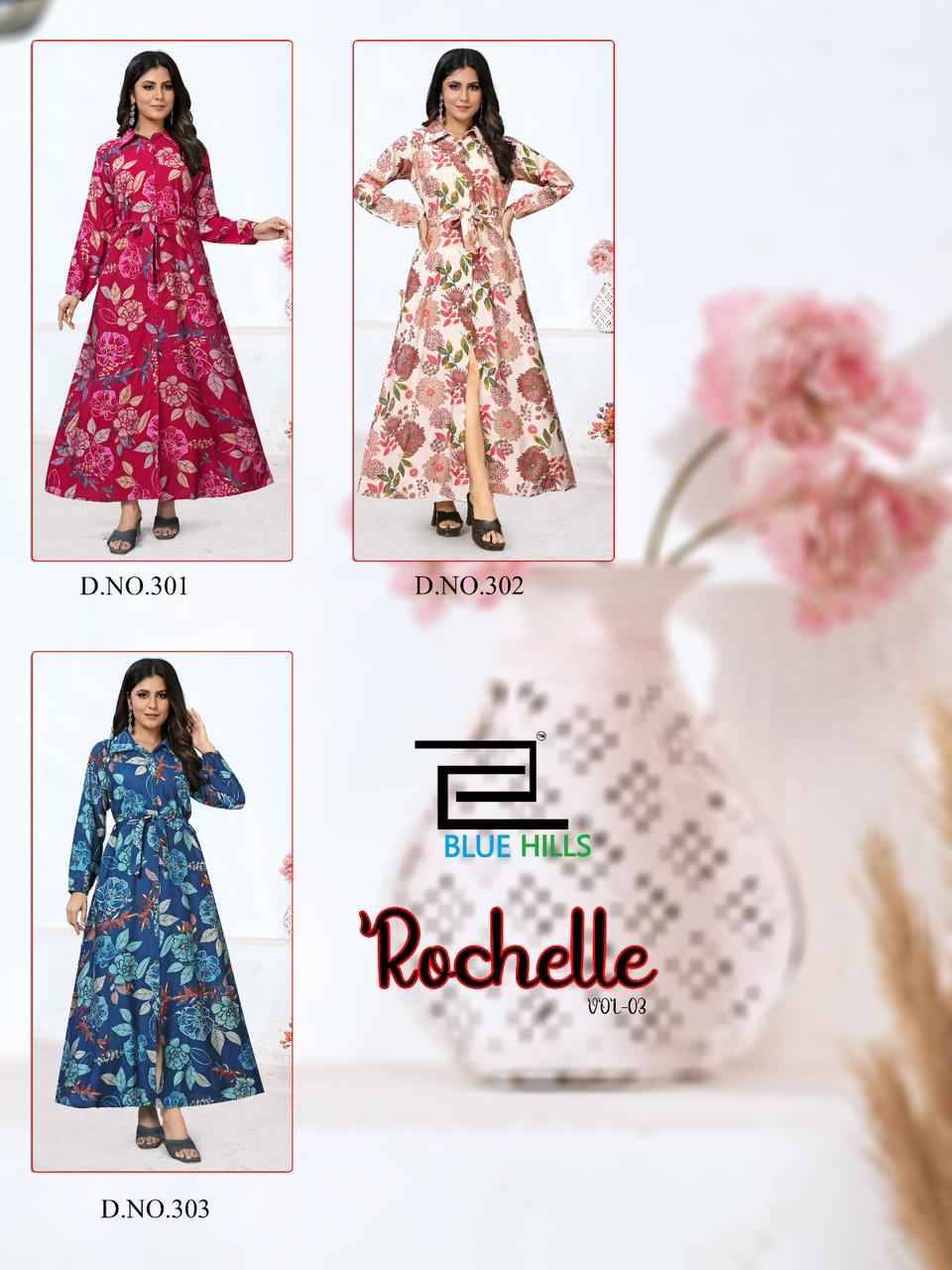 Rochelle Vol-3 By Blue Hills 301 To 303 Series Beautiful Stylish Fancy Colorful Casual Wear & Ethnic Wear Modal Chanderi Print Gowns At Wholesale Price