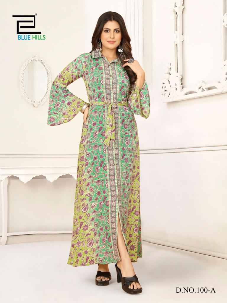Boho Vol-3 By Blue Hills 100-A To 100-C Series Beautiful Stylish Fancy Colorful Casual Wear & Ethnic Wear French Crepe Print Gowns At Wholesale Price