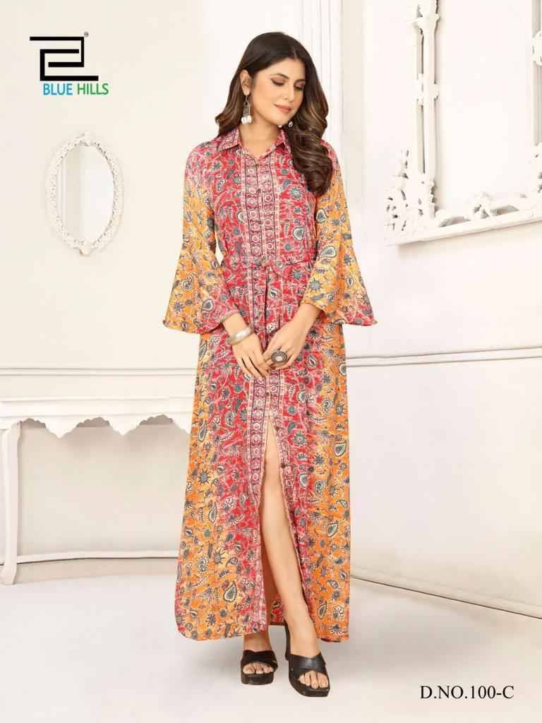 Boho Vol-3 By Blue Hills 100-A To 100-C Series Beautiful Stylish Fancy Colorful Casual Wear & Ethnic Wear French Crepe Print Gowns At Wholesale Price