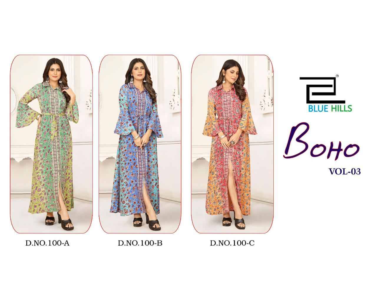 Boho Vol-3 By Blue Hills 100-A To 100-C Series Beautiful Stylish Fancy Colorful Casual Wear & Ethnic Wear French Crepe Print Gowns At Wholesale Price