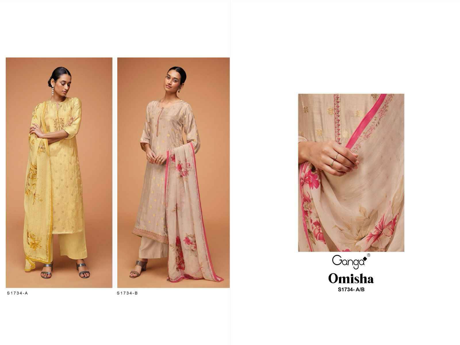 Omisha-1734 By Ganga Fashion 1734-A To 1734-B Series Beautiful Stylish Festive Suits Fancy Colorful Casual Wear & Ethnic Wear & Ready To Wear Premium Viscose Muslin Silk Dresses At Wholesale Price