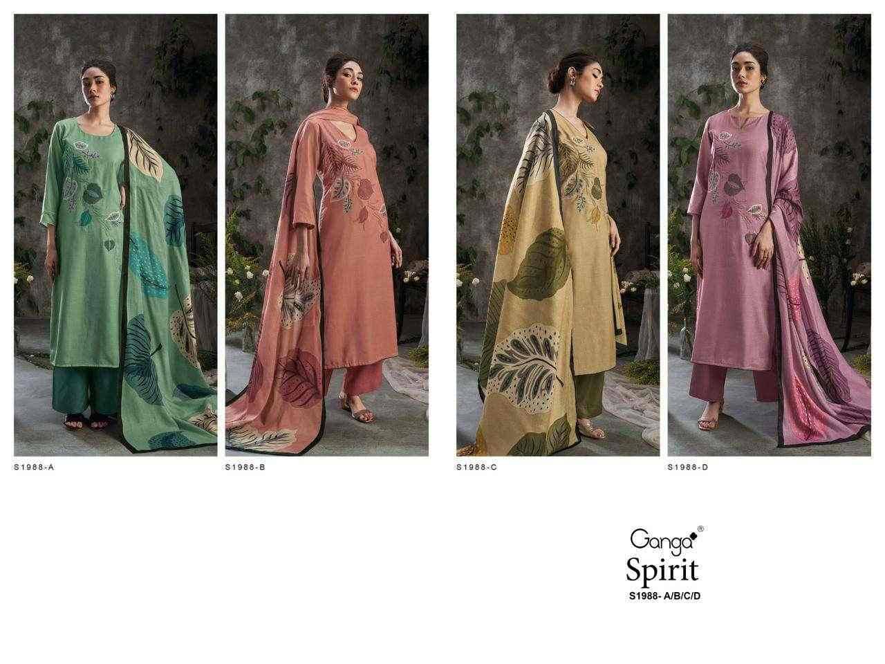 Spirit-1988 By Ganga Fashion 1988-A To 1988-D Series Beautiful Stylish Festive Suits Fancy Colorful Casual Wear & Ethnic Wear & Ready To Wear Premium Pashmina Print With Embroidery Dresses At Wholesale Price