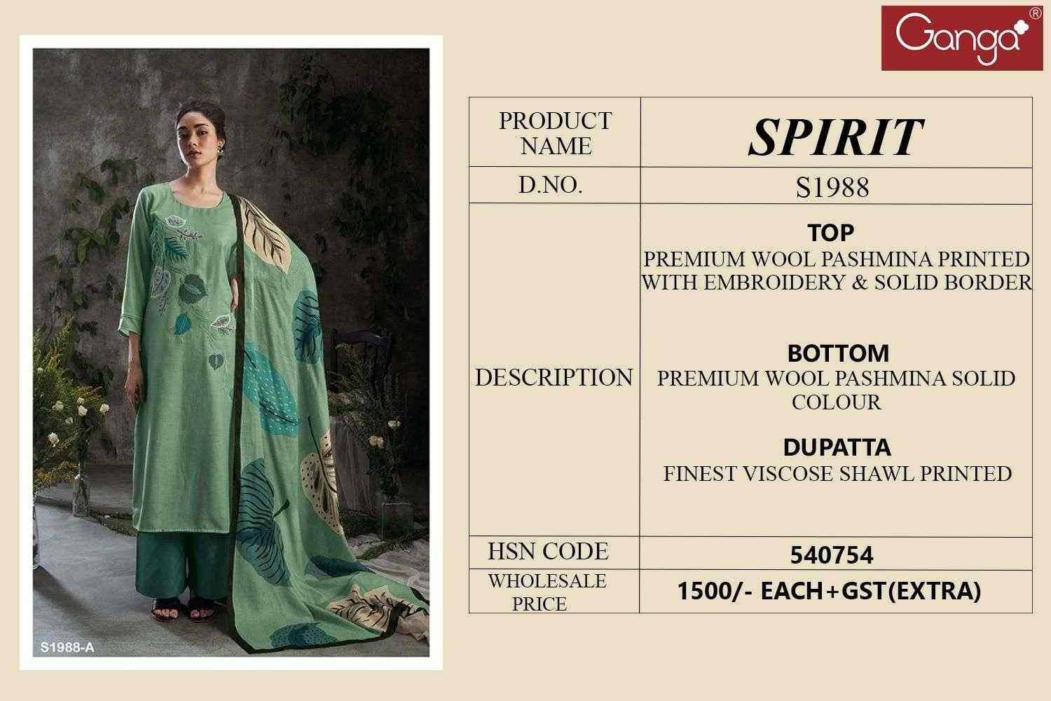 Spirit-1988 By Ganga Fashion 1988-A To 1988-D Series Beautiful Stylish Festive Suits Fancy Colorful Casual Wear & Ethnic Wear & Ready To Wear Premium Pashmina Print With Embroidery Dresses At Wholesale Price