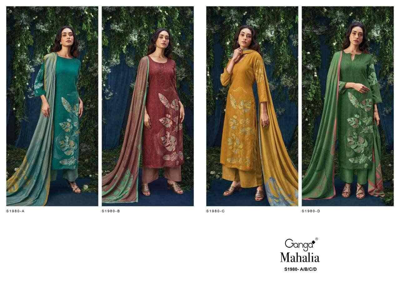 Mahalia-1980 By Ganga Fashion 1980-A To 1980-D Series Beautiful Stylish Festive Suits Fancy Colorful Casual Wear & Ethnic Wear & Ready To Wear Premium Pashmina Print With Embroidery Dresses At Wholesale Price
