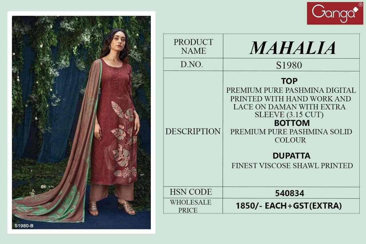 Mahalia-1980 By Ganga Fashion 1980-A To 1980-D Series Beautiful Stylish Festive Suits Fancy Colorful Casual Wear & Ethnic Wear & Ready To Wear Premium Pashmina Print With Embroidery Dresses At Wholesale Price