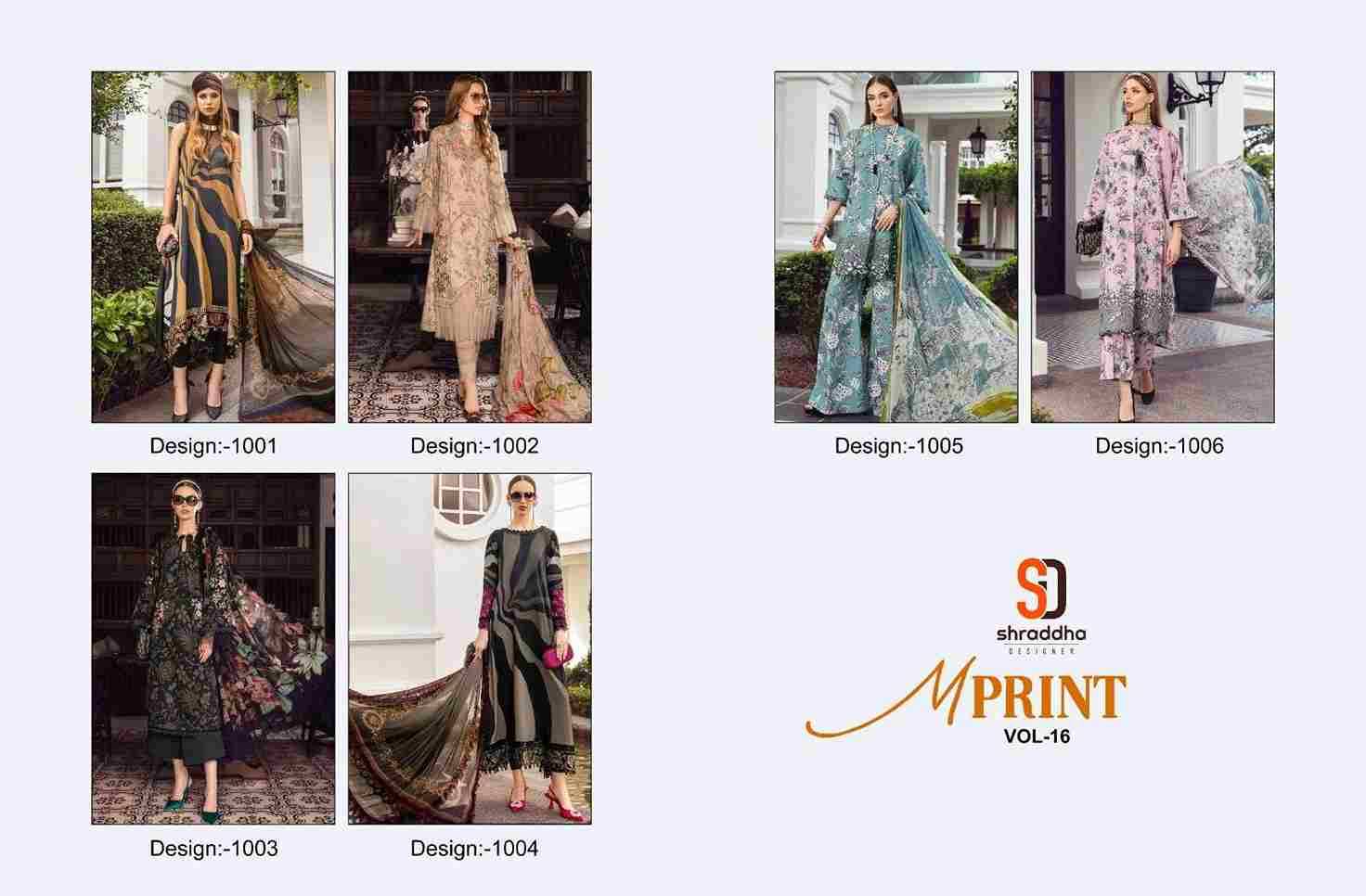 Mprint Vol-16 By Shraddha Designer 1001 To 1006 Series Beautiful Stylish Pakistani Suits Fancy Colorful Casual Wear & Ethnic Wear & Ready To Wear Lawn Cotton Print With Work Dresses At Wholesale Price