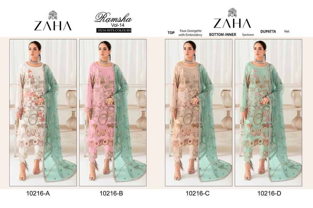  Ramsha Vol-14 By Zaha 10216-A To 10216-D Series Beautiful Stylish Pakistani Suits Fancy Colorful Casual Wear & Ethnic Wear & Ready To Wear Faux Georgette Dresses At Wholesale Price