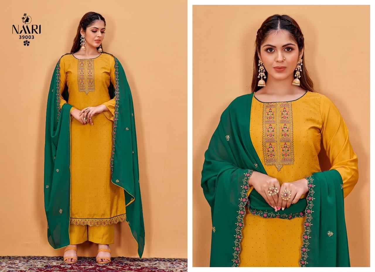 Silkina By Naari 39001 To 39004 Series Beautiful Festive Suits Stylish Fancy Colorful Party Wear & Occasional Wear Pure French Jacquard Embroidered Dresses At Wholesale Price