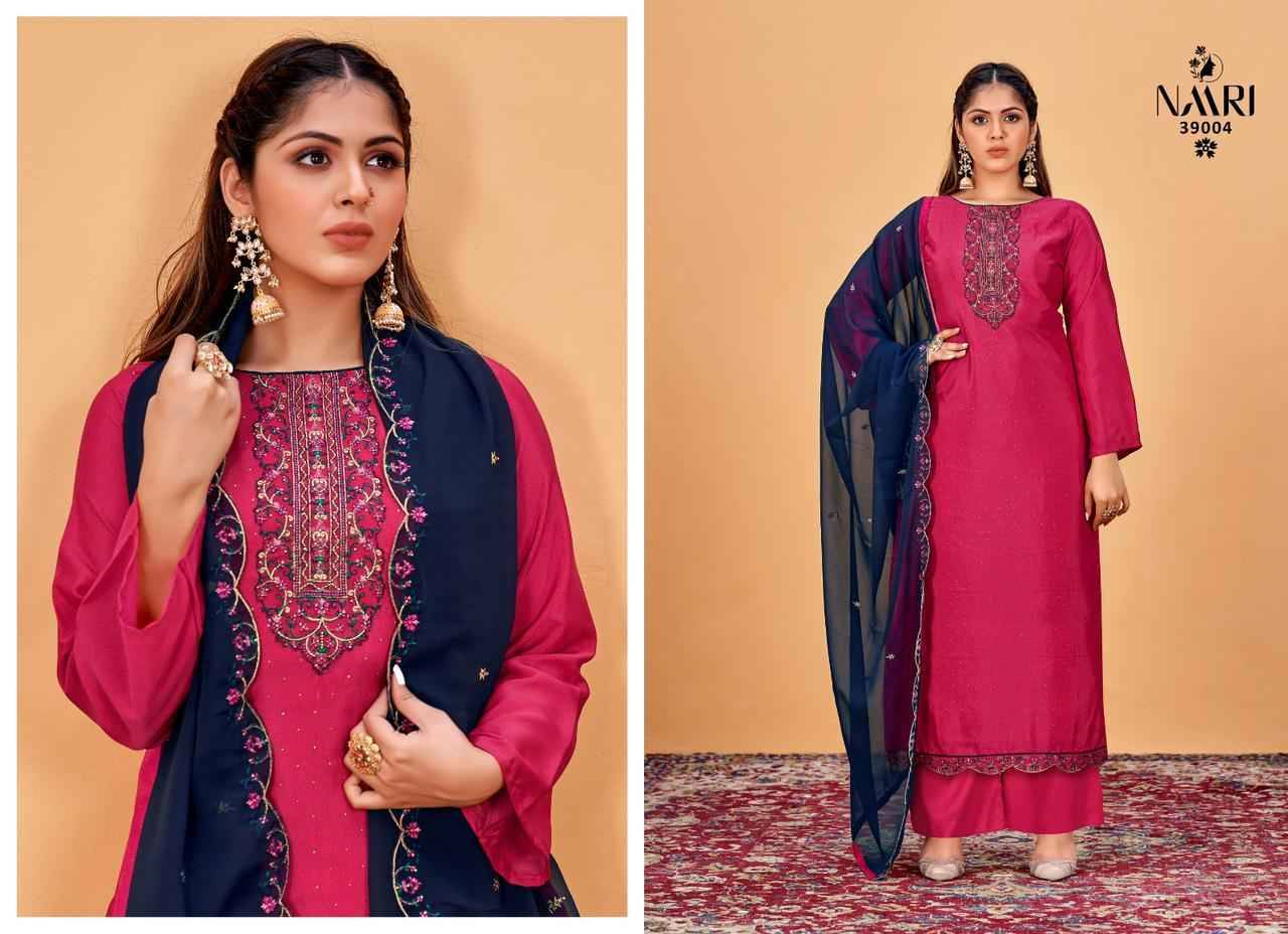 Silkina By Naari 39001 To 39004 Series Beautiful Festive Suits Stylish Fancy Colorful Party Wear & Occasional Wear Pure French Jacquard Embroidered Dresses At Wholesale Price