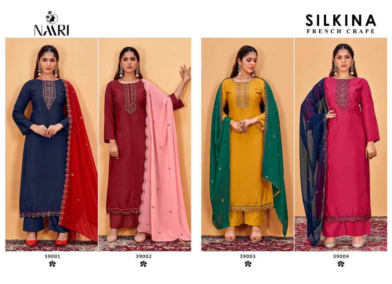 Silkina By Naari 39001 To 39004 Series Beautiful Festive Suits Stylish Fancy Colorful Party Wear & Occasional Wear Pure French Jacquard Embroidered Dresses At Wholesale Price