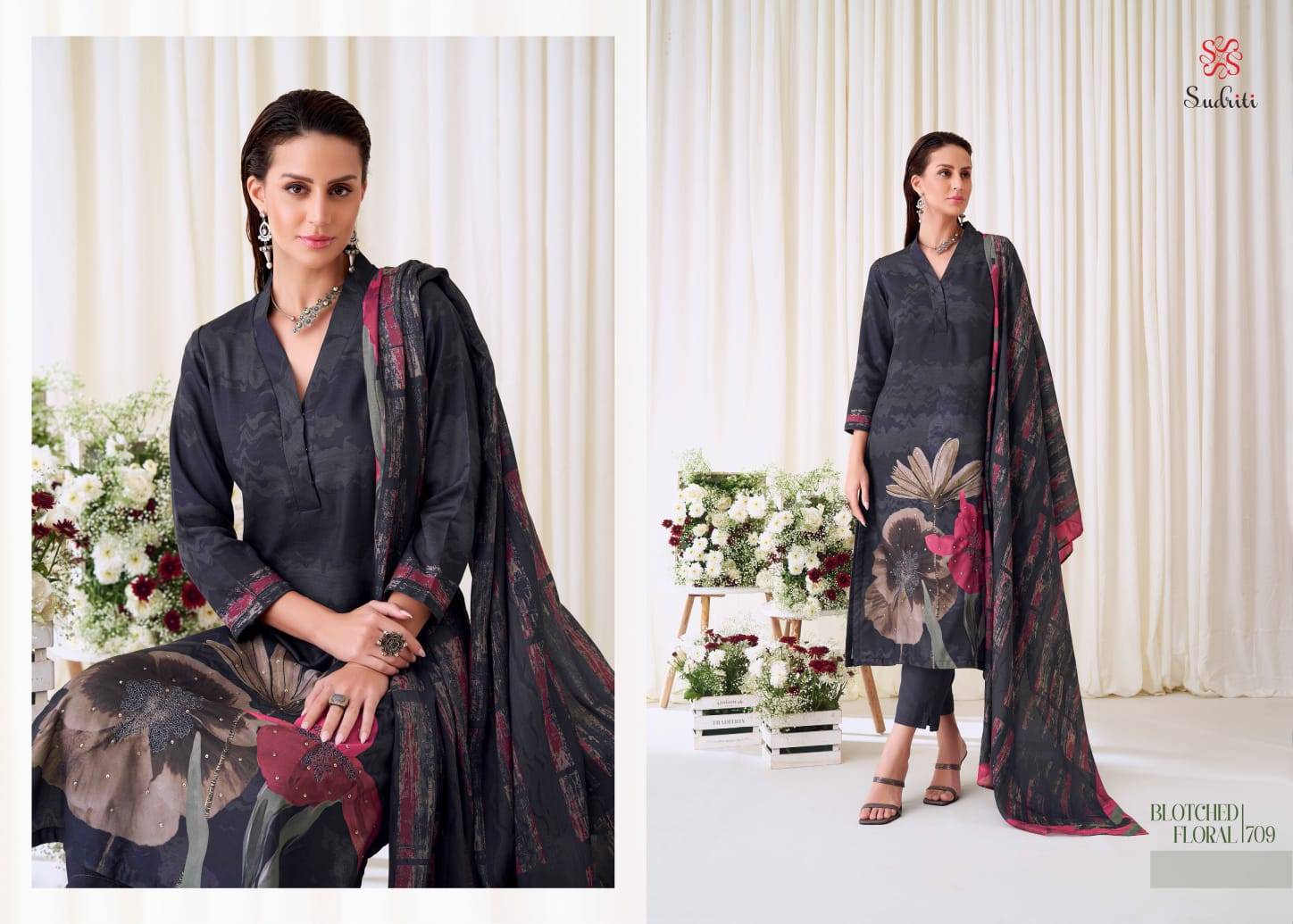 Blotched Floral By Sudriti Beautiful Stylish Festive Suits Fancy Colorful Casual Wear & Ethnic Wear & Ready To Wear Pashmia Twill Digital Print Dresses At Wholesale Price