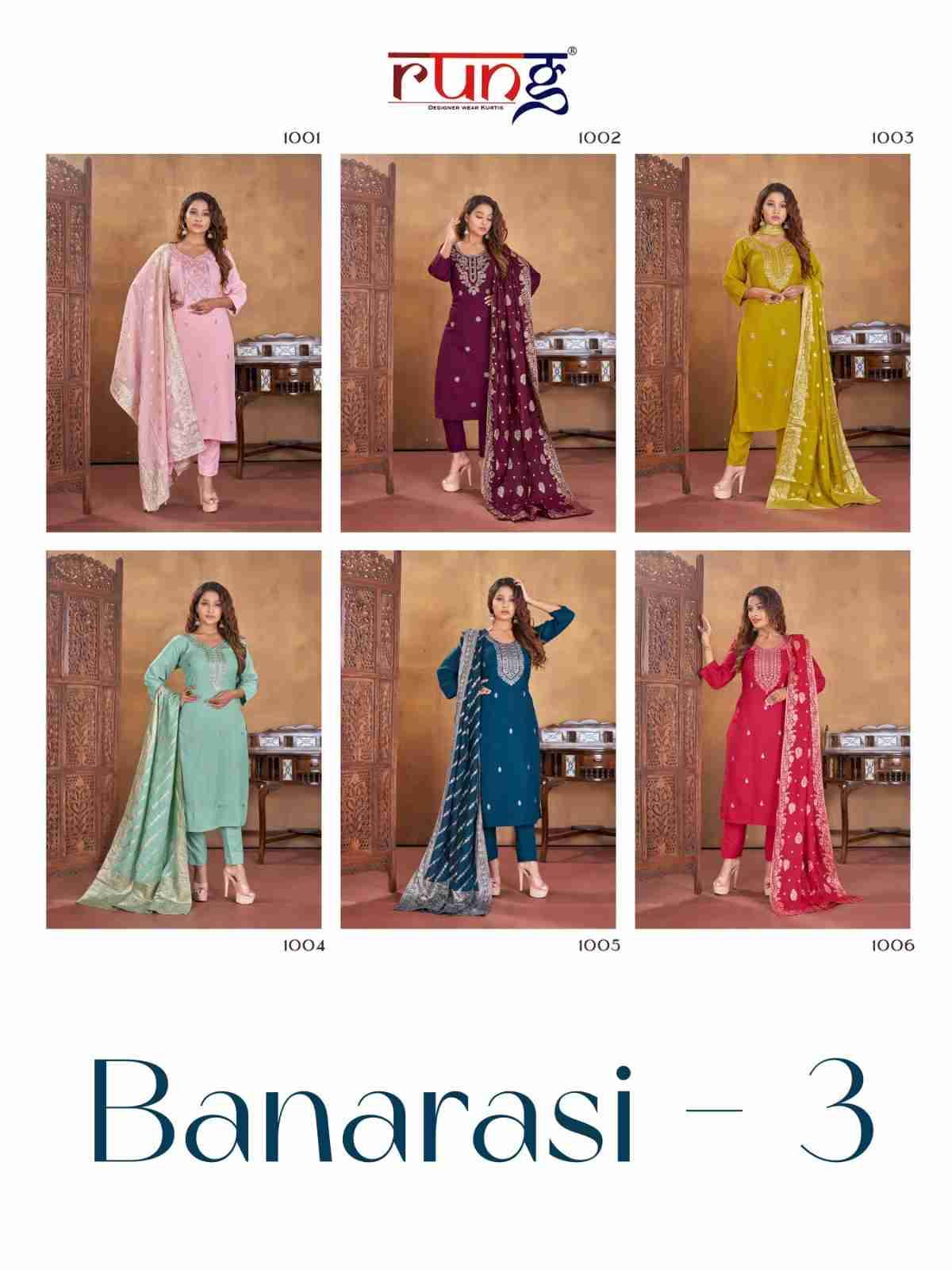 Banarasi Vol-3 By Rung 1001 To 1006 Series Beautiful Festive Suits Stylish Fancy Colorful Party Wear & Occasional Wear Rayon Embroidered Dresses At Wholesale Price