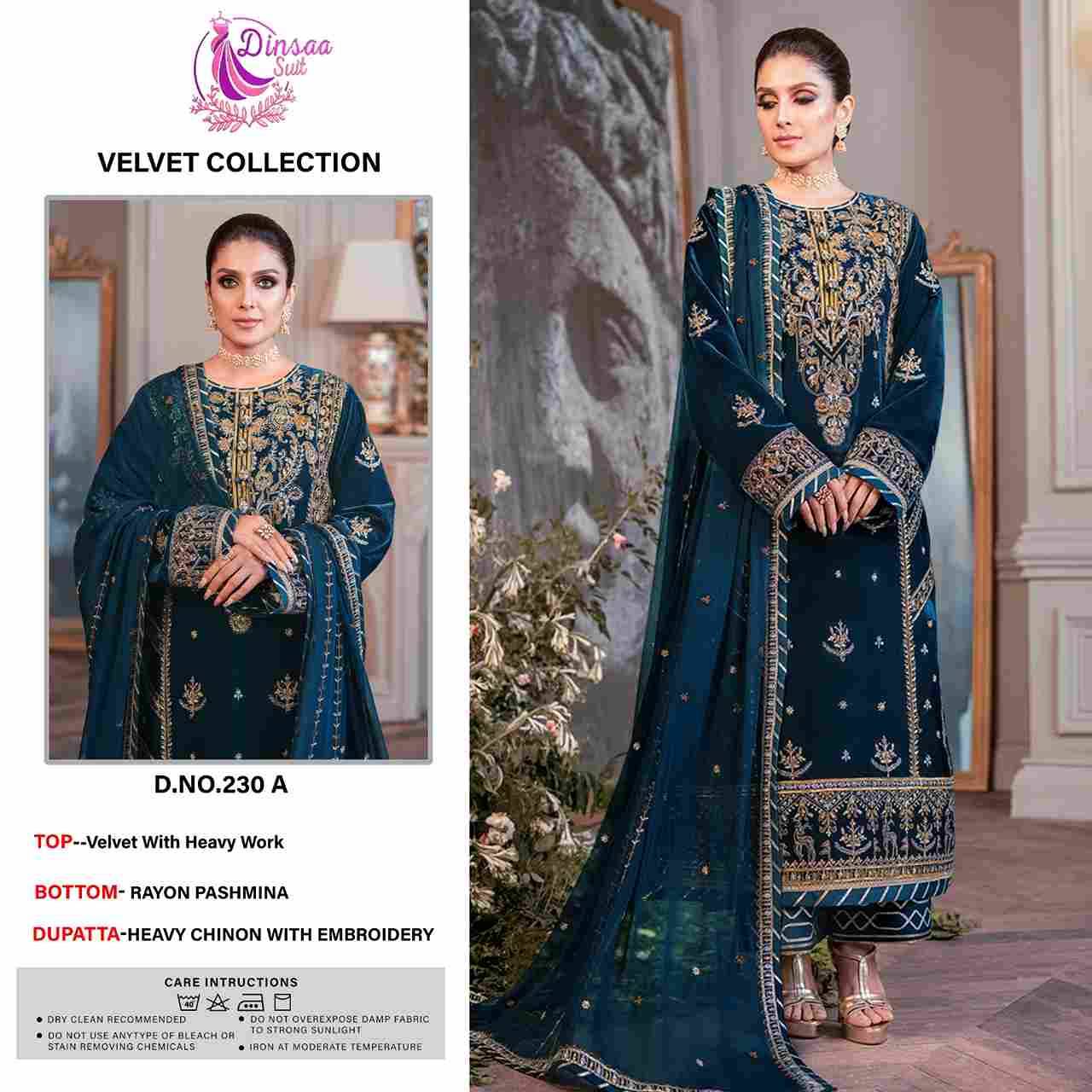 Dinsaa Hit Design 230 Colours By Dinsaa Suits 230-A To 230-E Series Designer Festive Pakistani Suits Collection Beautiful Stylish Fancy Colorful Party Wear & Occasional Wear Velvet With Embroidered Dresses At Wholesale Price