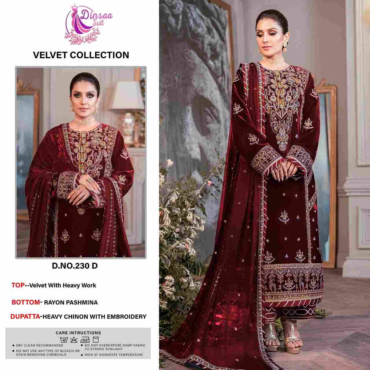 Dinsaa Hit Design 230 Colours By Dinsaa Suits 230-A To 230-E Series Designer Festive Pakistani Suits Collection Beautiful Stylish Fancy Colorful Party Wear & Occasional Wear Velvet With Embroidered Dresses At Wholesale Price