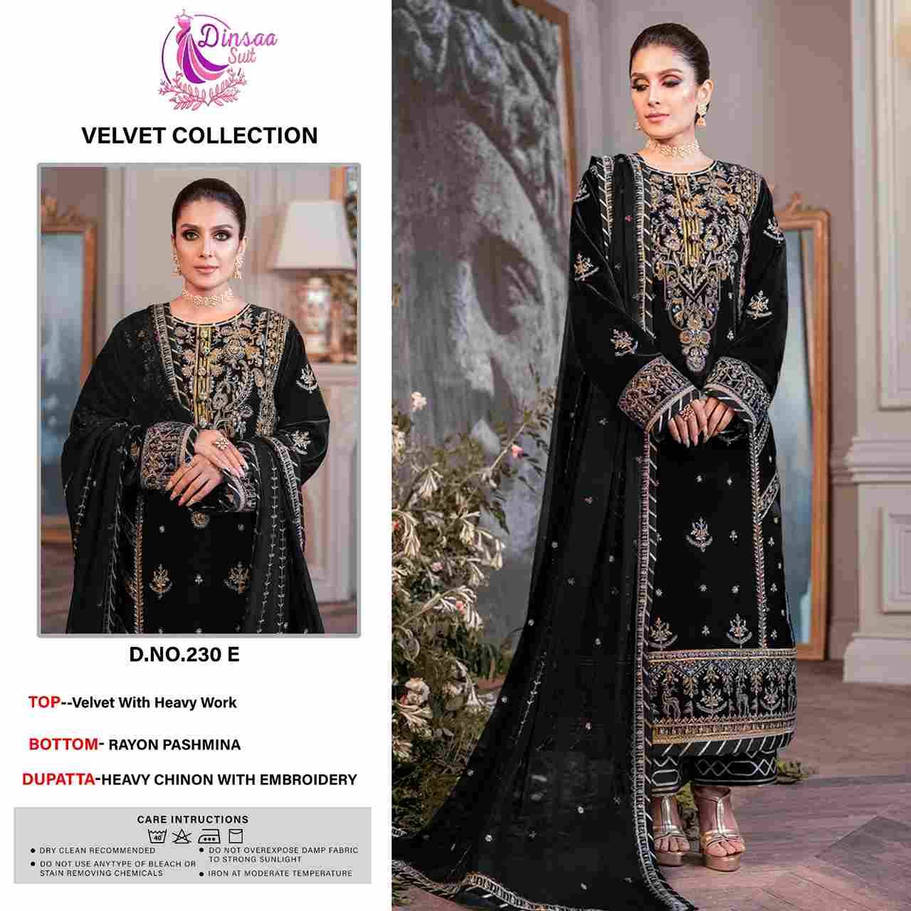 Dinsaa Hit Design 230 Colours By Dinsaa Suits 230-A To 230-E Series Designer Festive Pakistani Suits Collection Beautiful Stylish Fancy Colorful Party Wear & Occasional Wear Velvet With Embroidered Dresses At Wholesale Price