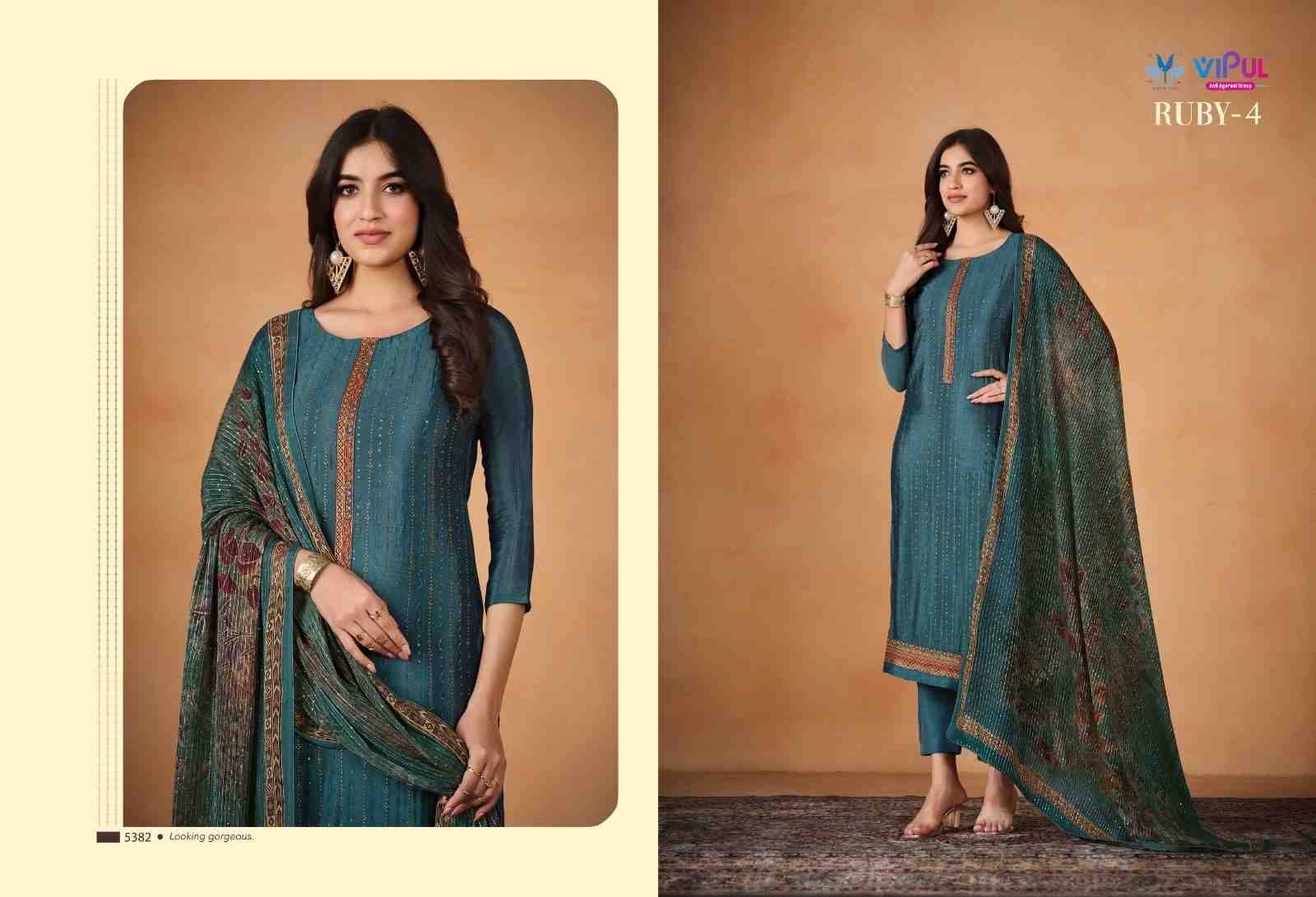 Ruby Vol-4 By Vipul Fashion 5381 To 5386 Series Beautiful Stylish Festive Suits Fancy Colorful Casual Wear & Ethnic Wear & Ready To Wear Chinnon With Work Dresses At Wholesale Price