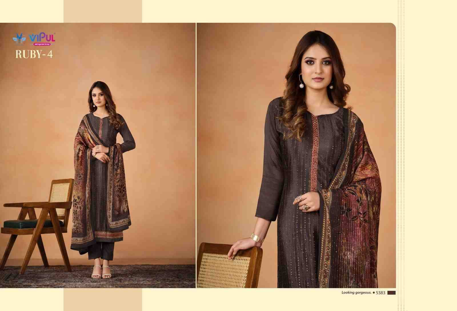 Ruby Vol-4 By Vipul Fashion 5381 To 5386 Series Beautiful Stylish Festive Suits Fancy Colorful Casual Wear & Ethnic Wear & Ready To Wear Chinnon With Work Dresses At Wholesale Price