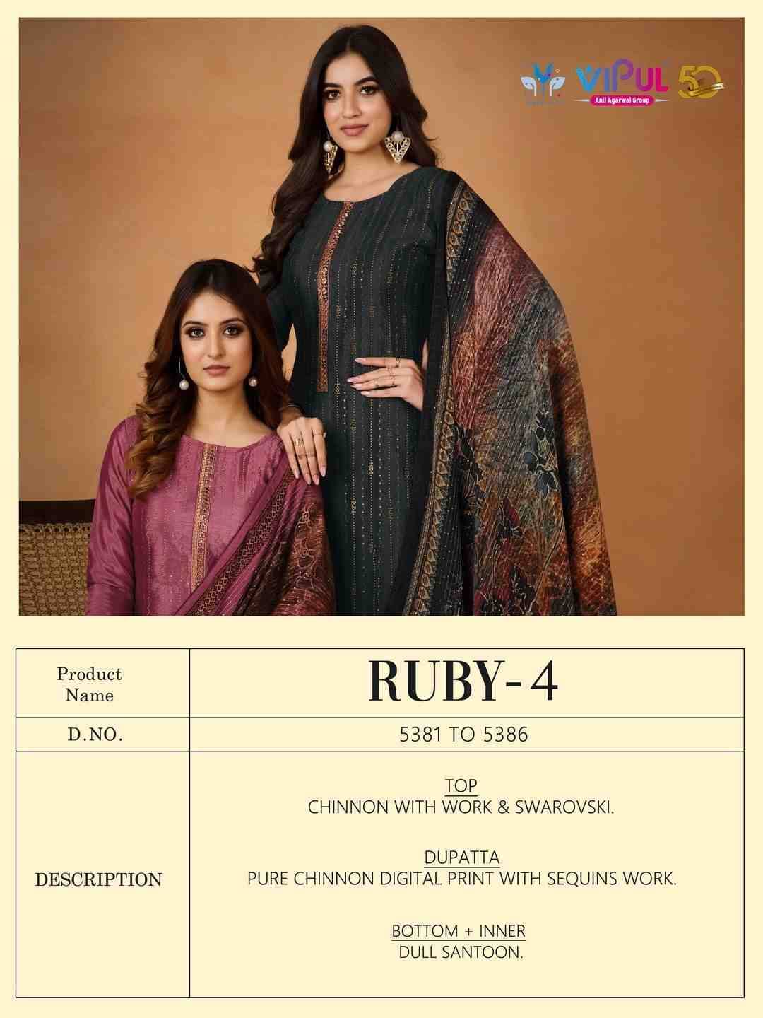 Ruby Vol-4 By Vipul Fashion 5381 To 5386 Series Beautiful Stylish Festive Suits Fancy Colorful Casual Wear & Ethnic Wear & Ready To Wear Chinnon With Work Dresses At Wholesale Price