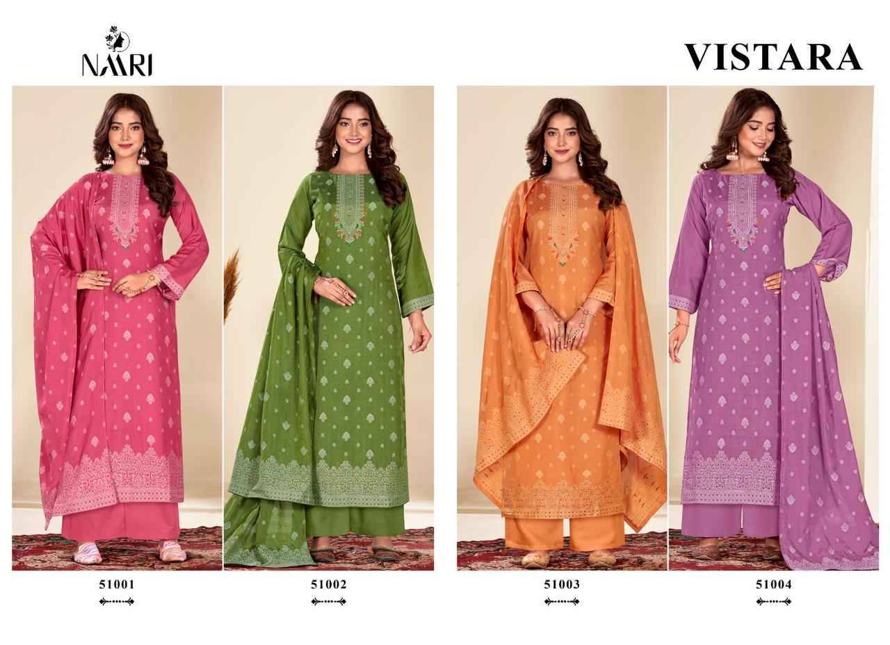 Vistara By Naari 51001 To 51004 Series Beautiful Stylish Festive Suits Fancy Colorful Casual Wear & Ethnic Wear & Ready To Wear Pure Muslin Jacquard Dresses At Wholesale Price