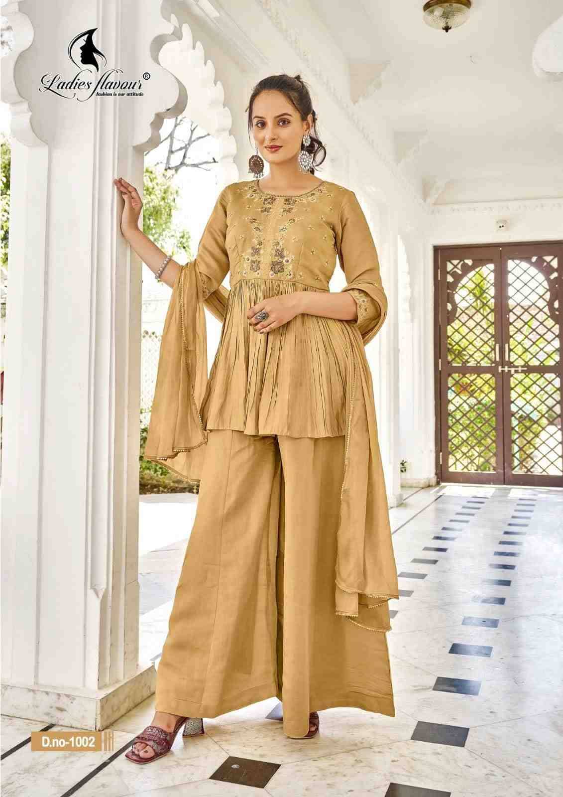 Aarzoo By Ladies Flavour 1001 To 1004 Series Beautiful Stylish Suits Fancy Colorful Casual Wear & Ethnic Wear & Ready To Wear Heavy Chanderi Silk Dresses At Wholesale Price
