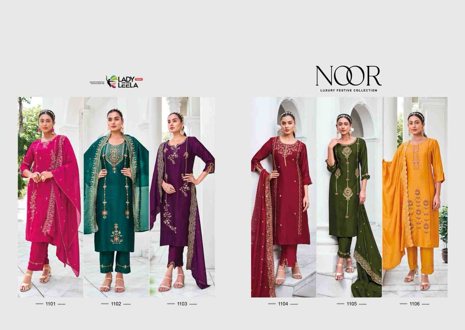 Noor By Lady Leela 1101 To 1106 Series Designer Festive Suits Collection Beautiful Stylish Fancy Colorful Party Wear & Occasional Wear Pure Silk Embroidered Dresses At Wholesale Price