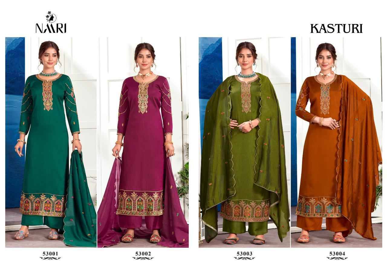 Kasturi By Naari 53001 To 53004 Series Beautiful Stylish Festive Suits Fancy Colorful Casual Wear & Ethnic Wear & Ready To Wear Pure Vichitra Silk Dresses At Wholesale Price