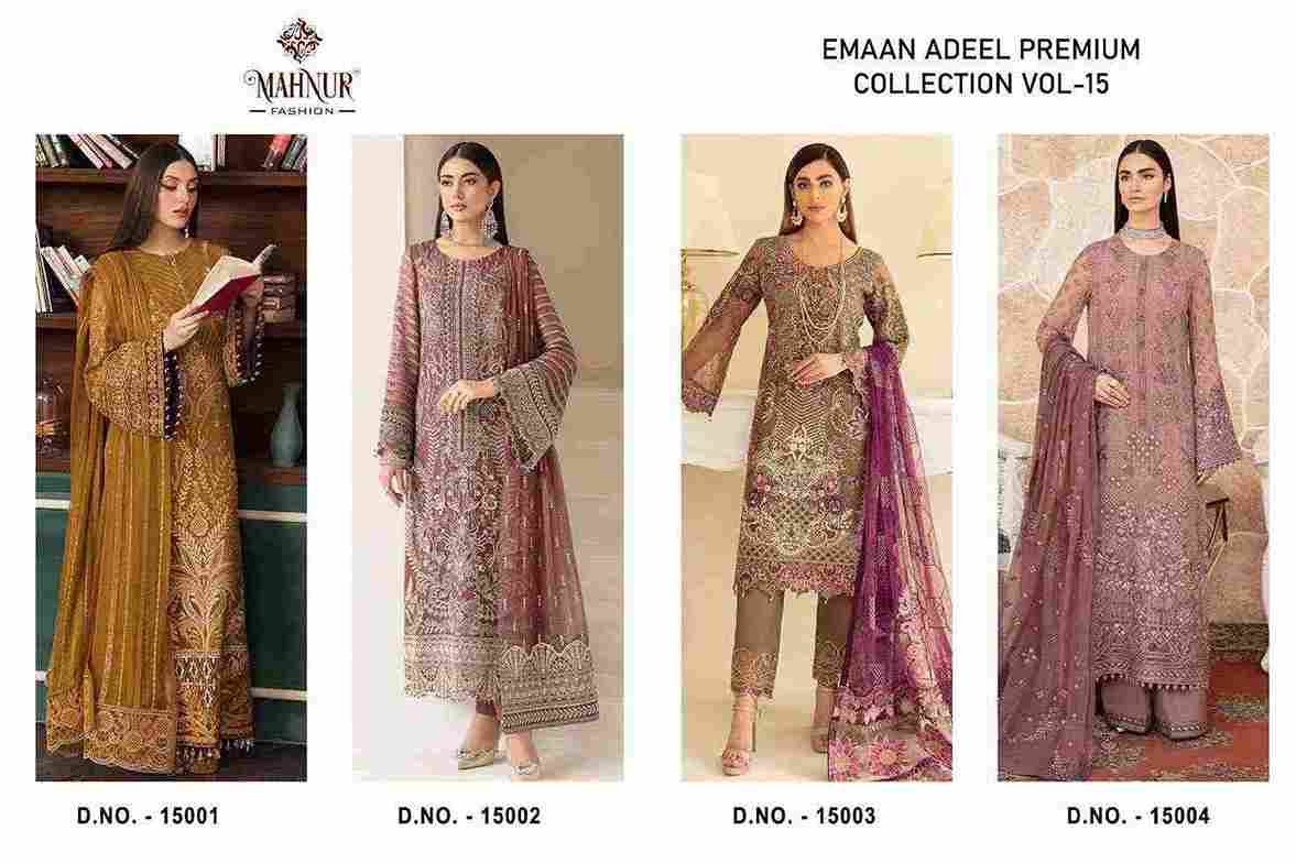 Emaan Adeel Premium Collection Vol-15 By Mahnur Fashion 15001 To 15004 Series Beautiful Pakistani Suits Colorful Stylish Fancy Casual Wear & Ethnic Wear Faux Georgette With Embroidered Dresses At Wholesale Price
