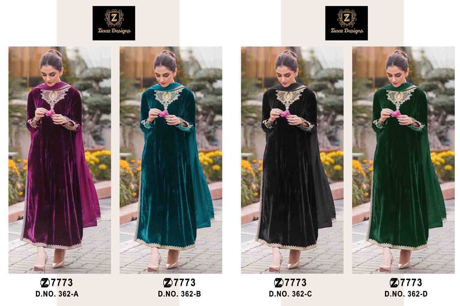 Ziaaz Designs Hit Design 362 Colours By Ziaaz Designs 362-A To 362-D Series Designer Pakistani Suits Beautiful Fancy Colorful Stylish Party Wear & Occasional Wear Velvet Embroidered Dresses At Wholesale Price