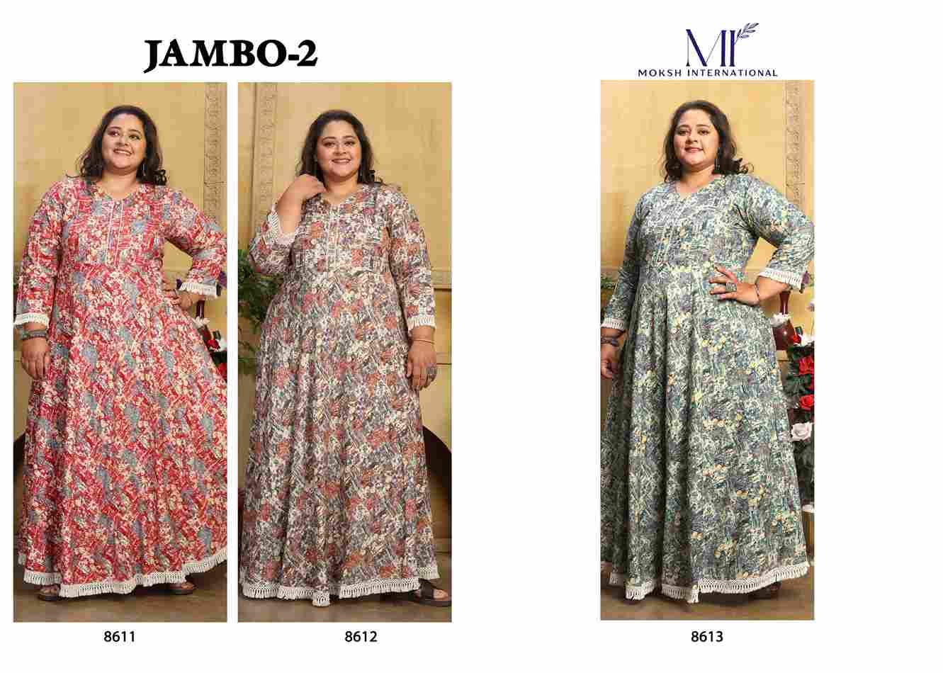 Jambo Vol-2 By Moksh International 8611 To 8613 Series Beautiful Stylish Fancy Colorful Casual Wear & Ethnic Wear Rayon Print Gowns At Wholesale Price