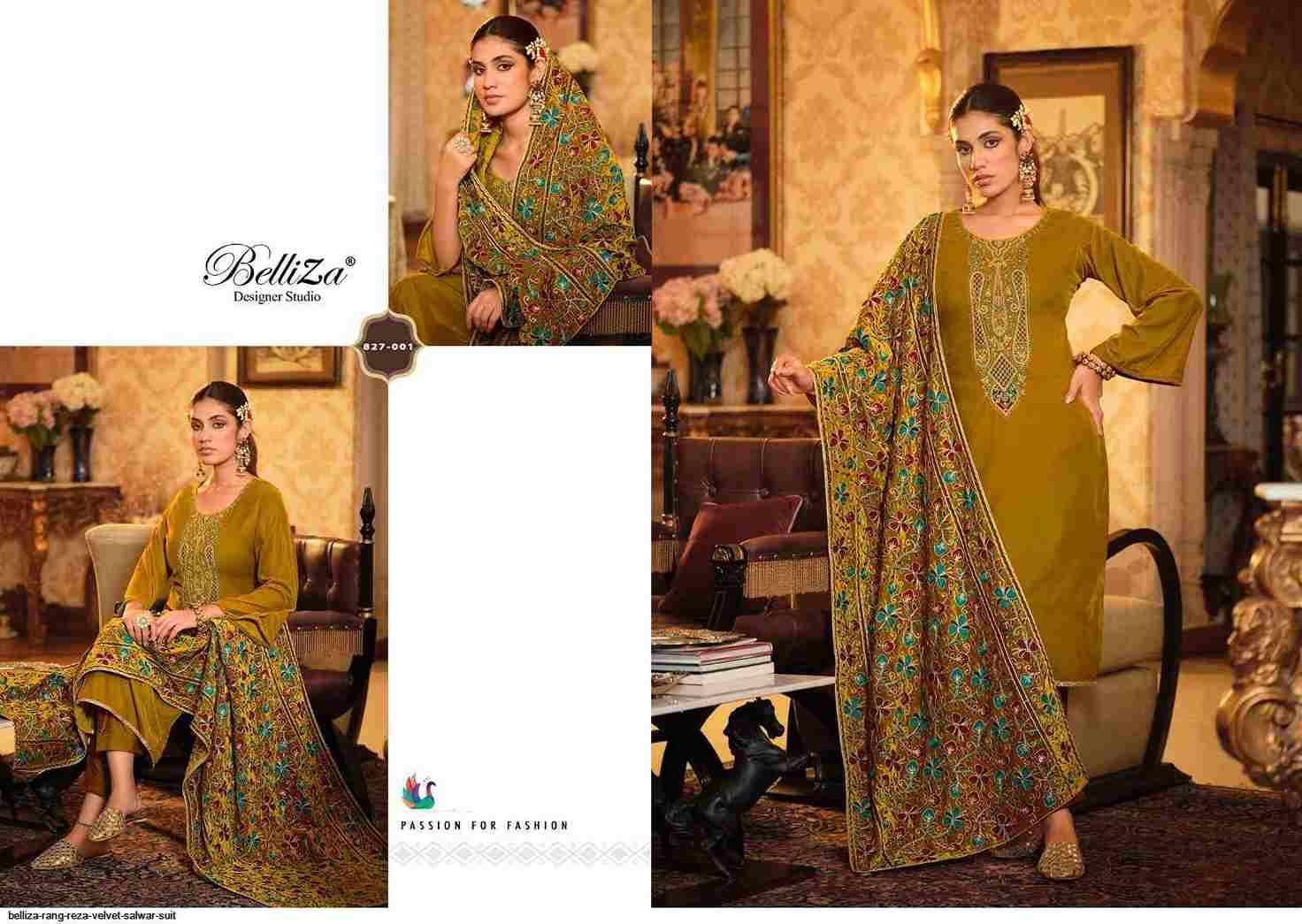 Rang Reza By Belliza 827-001 To 827-006 Series Beautiful Festive Suits Colorful Stylish Fancy Casual Wear & Ethnic Wear Pure Velvet Embroidered Dresses At Wholesale Price